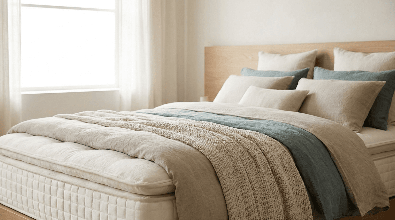 A well-made bed with a quality mattress in a bright, calm bedroom